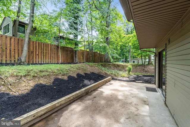 a view of a backyard with large trees and wooden fence