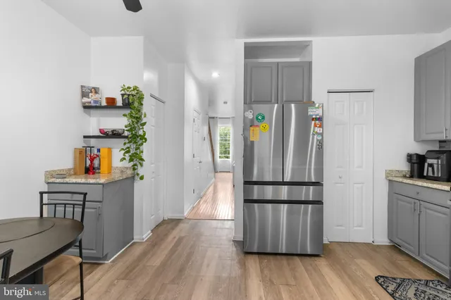 a kitchen with stainless steel appliances a refrigerator and wooden floor