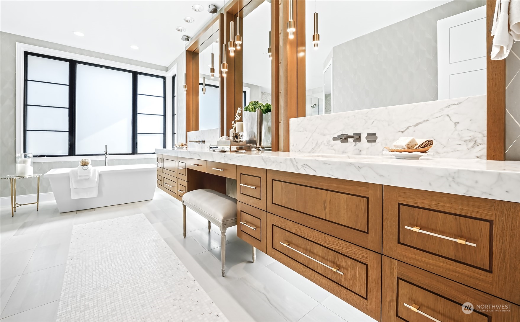 8467 Midland Road Medina, WA 98039 - Photo 30 of 40 a spacious bathroom with a granite countertop sink mirror and a bathtub next to a window