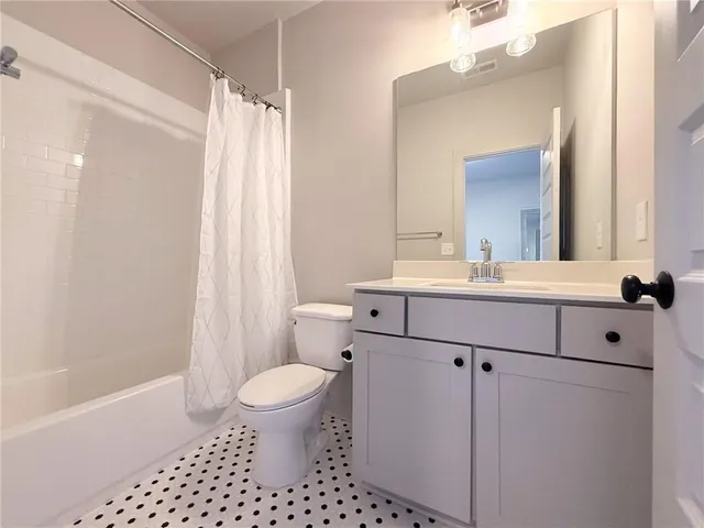 a bathroom with a sink a toilet a mirror a vanity and shower