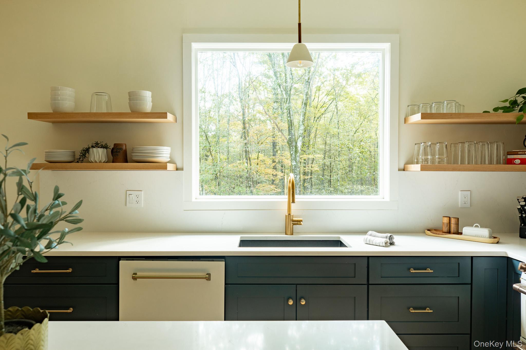 483 Acorn Hill Road Olivebridge, NY 12461 - Photo 18 of 50 Kitchen featuring open shelves, green cabinets, dishwasher, and light stone countertops