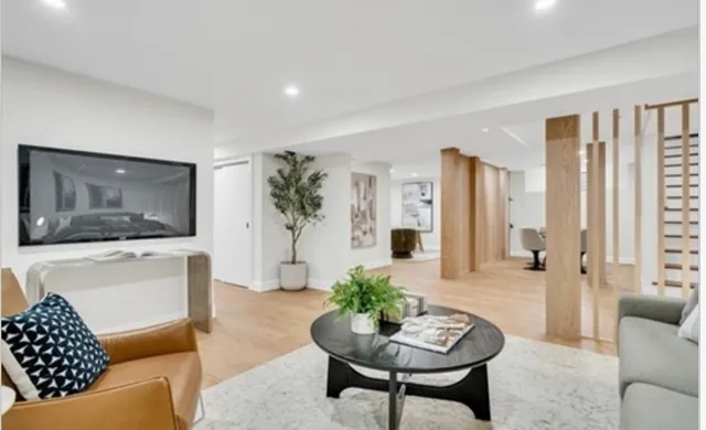 a living room with furniture and a potted plant