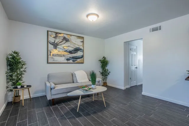 a living room with furniture and a potted plant