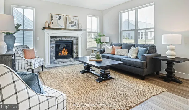 a living room with furniture a rug a fireplace and a window