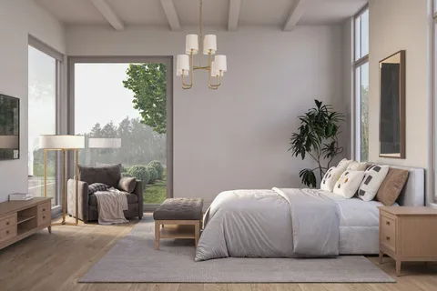 a bedroom with a bed and ceiling fan