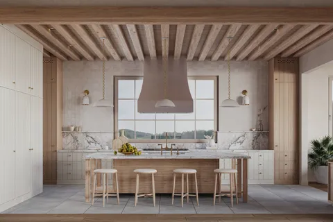 a dining room with a sink and a mirror