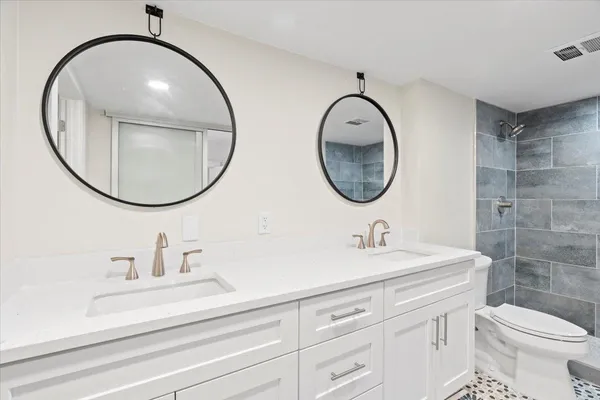 a bathroom with a sink a toilet and a mirror