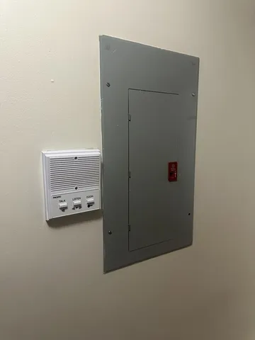 a view of a room with racks on the wall