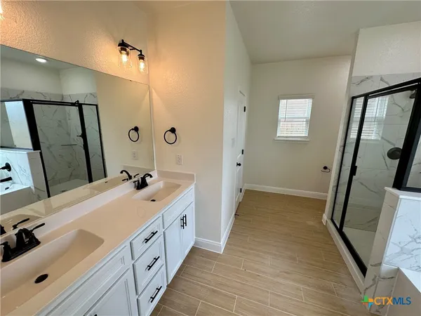a bathroom with a double vanity sink a mirror and a shower