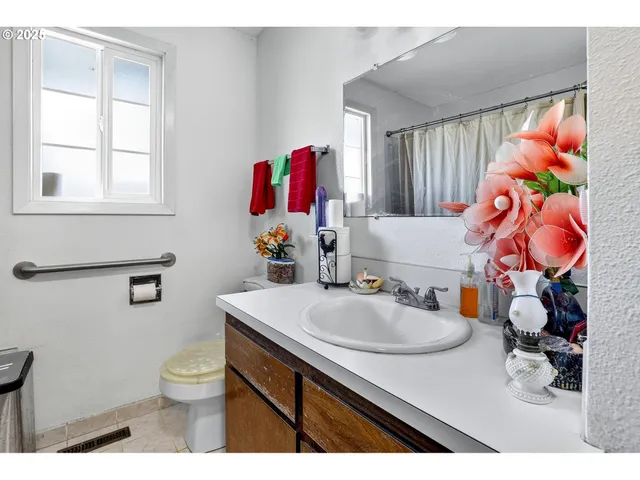 a bathroom with a sink mirror and toilet