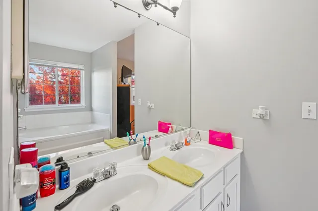 a bathroom with a bath tub sink vanity and a mirror