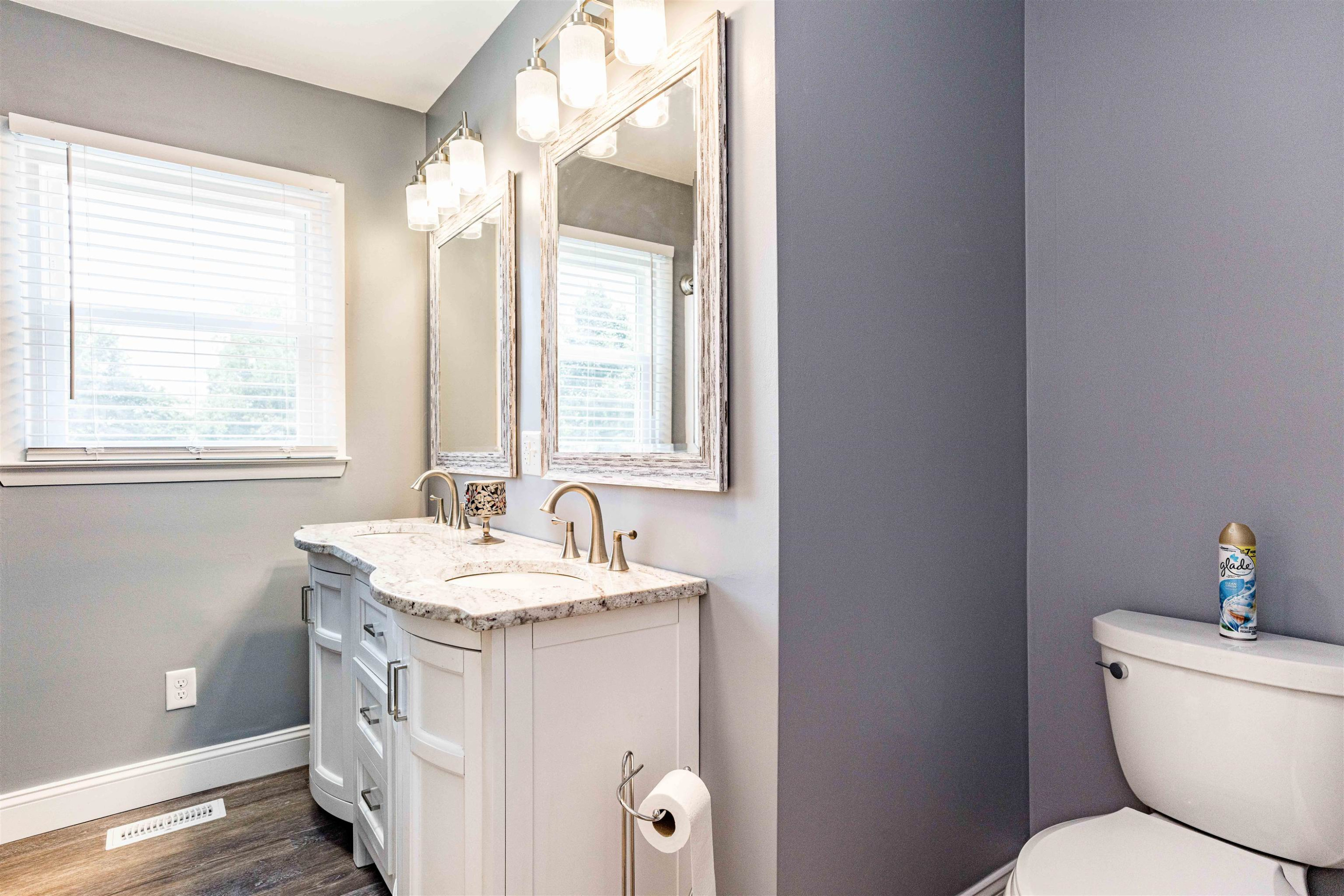 420 Faith Church Road Four Oaks, NC 27524 - Photo 32 of 36 a bathroom with a granite countertop toilet a sink and a window