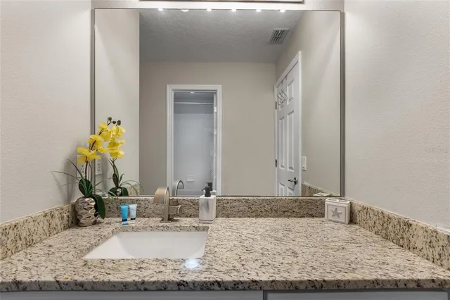 a bathroom with a granite countertop sink and a mirror