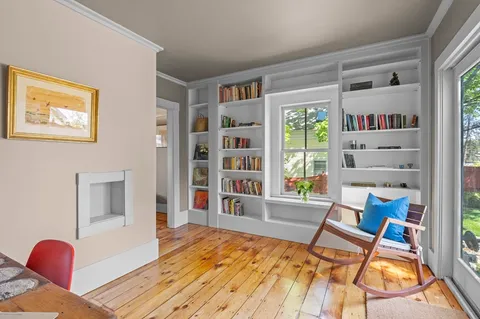 a workspace with a bookshelf