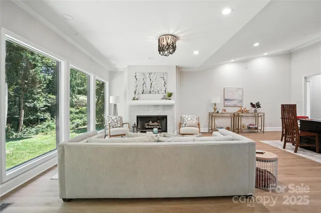 a living room with furniture a fireplace and a floor to ceiling window