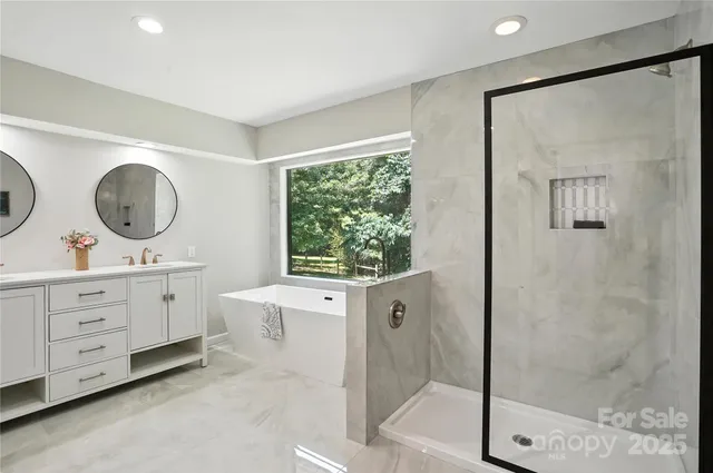 a bathroom with a double vanity sink toilet mirror and shower