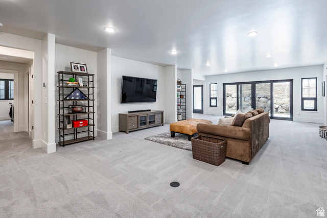 3247 South Mapleton Estates Drive Mapleton, UT 84664 - Photo 19 of 70 Living room featuring light carpet and recessed lighting