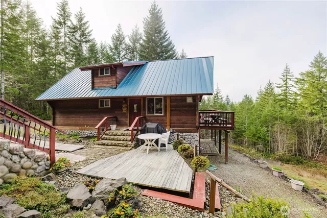 a view of a park with large trees