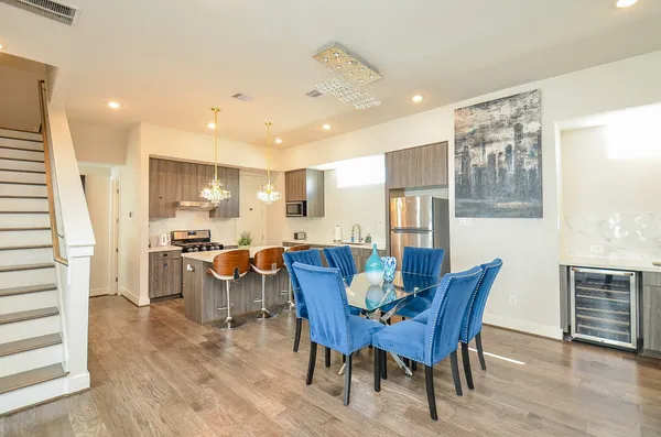 a view of a dining room with furniture