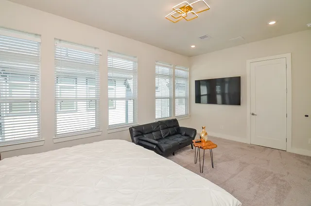 a bedroom with a bed and a couch