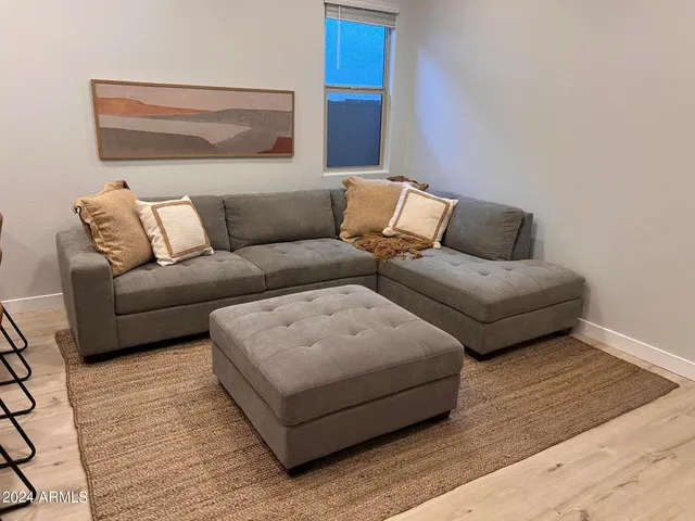 a living room with couches and a rug