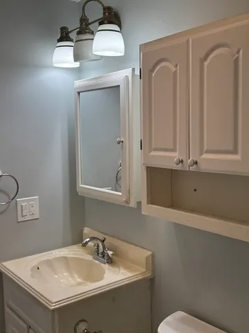 a bathroom with a sink a toilet and mirror