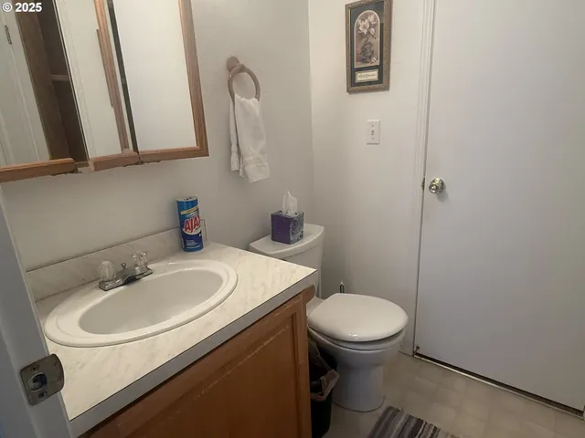 a bathroom with a sink a toilet and mirror