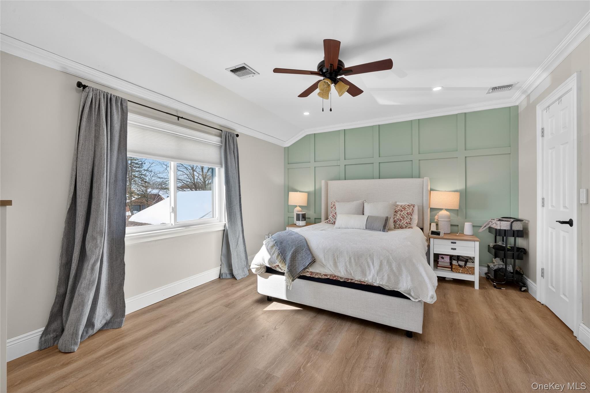 171 Melanie Way Commack, NY 11725 - Photo 10 of 29 Bedroom with crown molding, recessed lighting, light wood-style flooring, ceiling fan, and a decorative wall