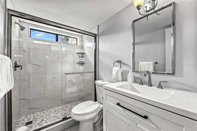 a bathroom with a toilet sink vanity and mirror