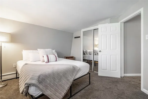 a bedroom with a bed and a cabinets