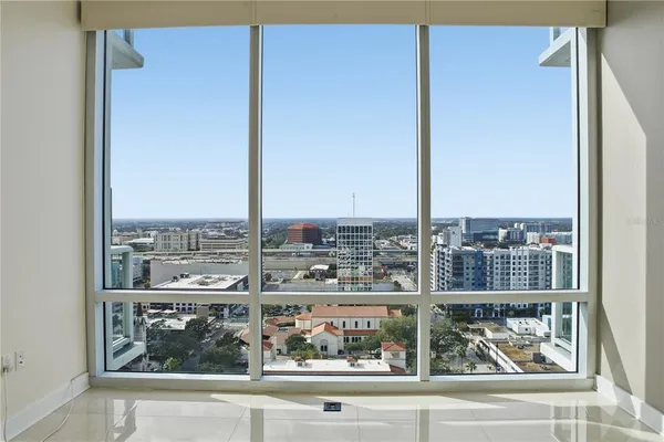 a city view with tall buildings