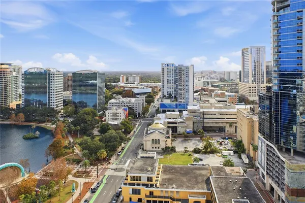 a view of a city with tall buildings