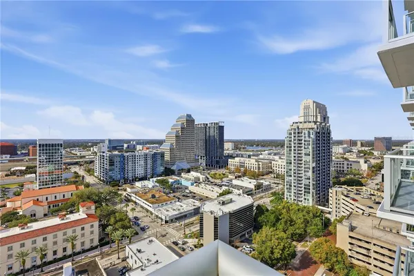 a view of a city with tall buildings