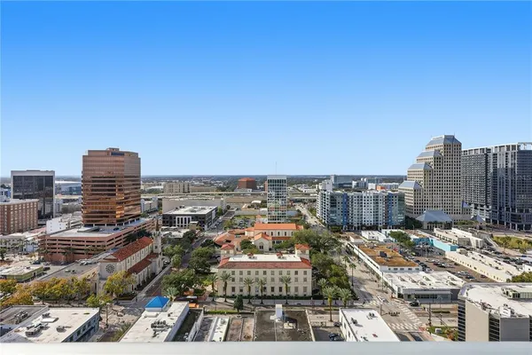 a view of a city with tall buildings