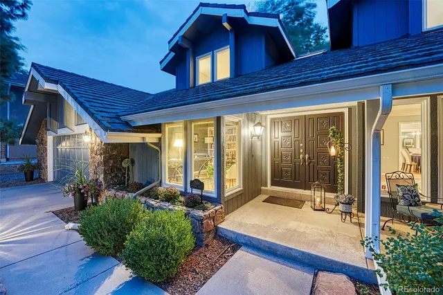 a view of a park with large trees