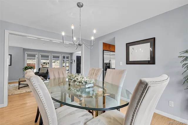 a view of a dining room with furniture and wooden floor