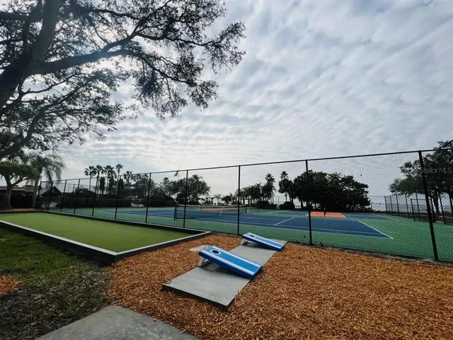 a view of a park with large trees