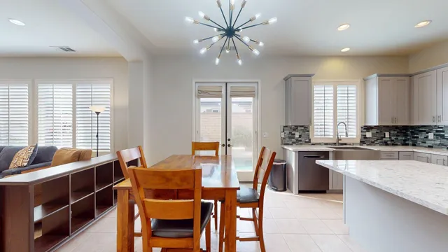 a view of a dining room with furniture