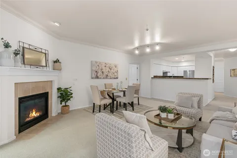 a view of a dining room with furniture