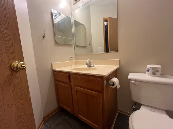 a bathroom with a sink toilet and mirror