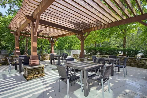 an outdoor space with seating