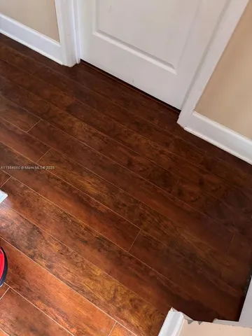 a view of a backyard with plants and large trees