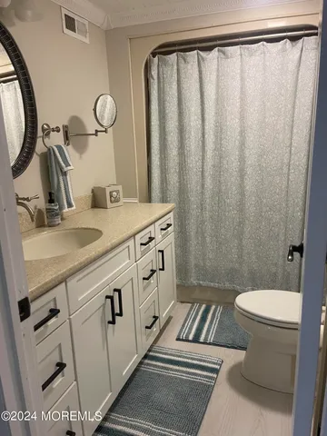 a bathroom with a sink a toilet a mirror and shower curtain