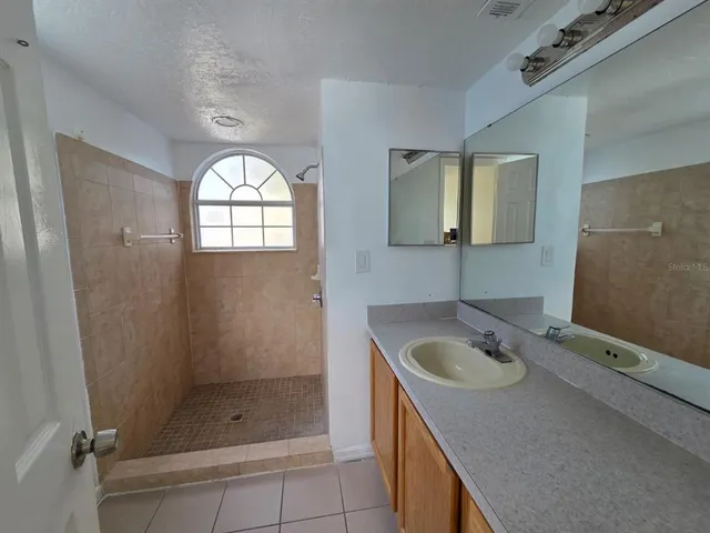 a bathroom with a sink mirror and shower
