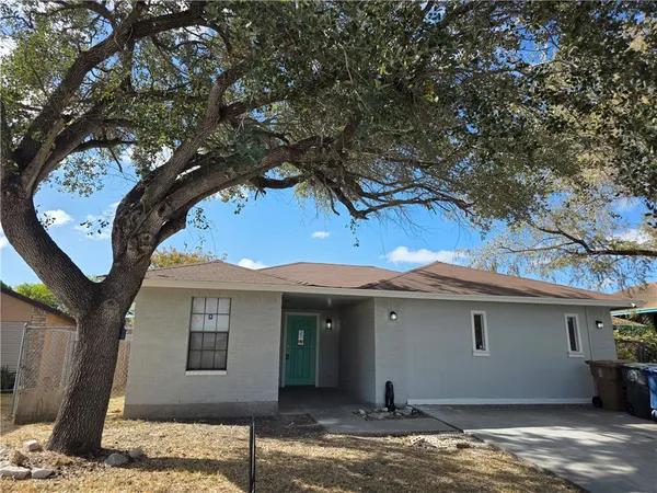 a front view of a house with a tree