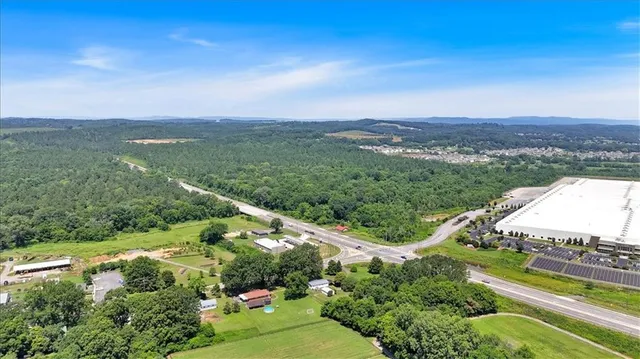 a view of a city with lush green forest