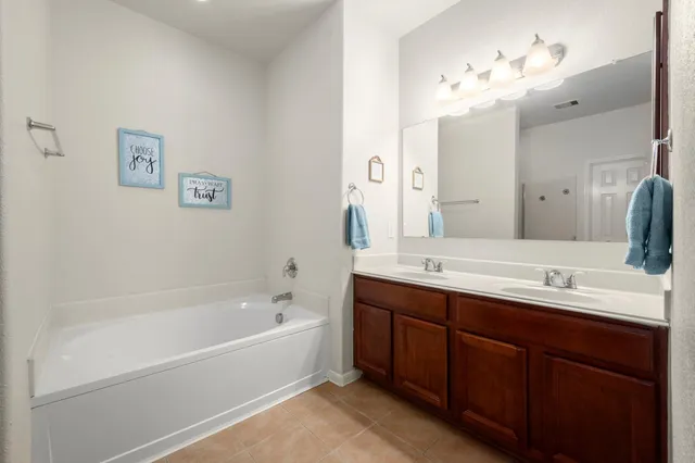 a bathroom with a tub a sink double vanity and a mirror