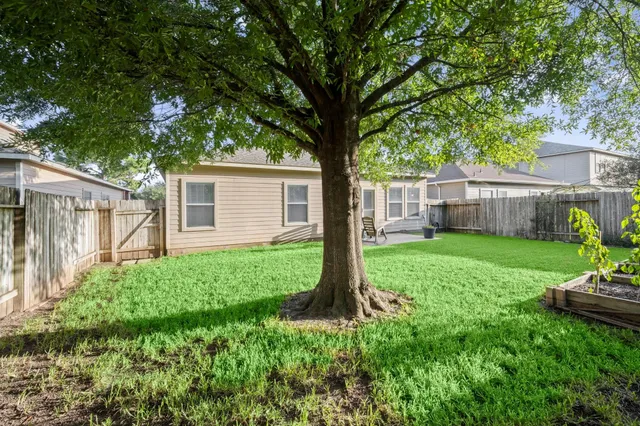 a view of a house with backyard and a tree