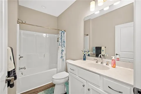 a bathroom with a sink a toilet a mirror a bathtub and shower