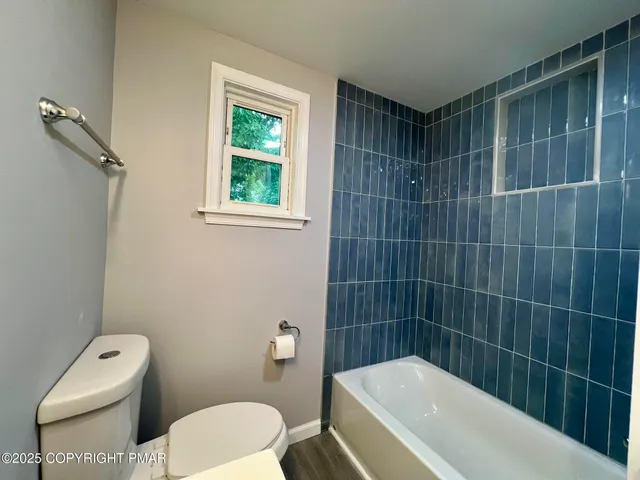 a bathroom with a toilet and bathtub